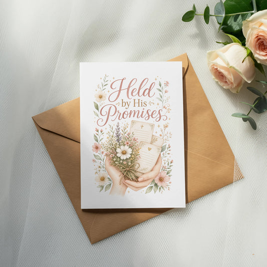 Card with "Held by His Promises" text, two hands holding flowers.