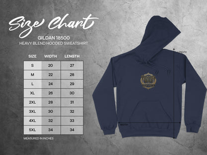 Gildan 18500 hooded sweatshirt size chart with measurements and embroidered logo.