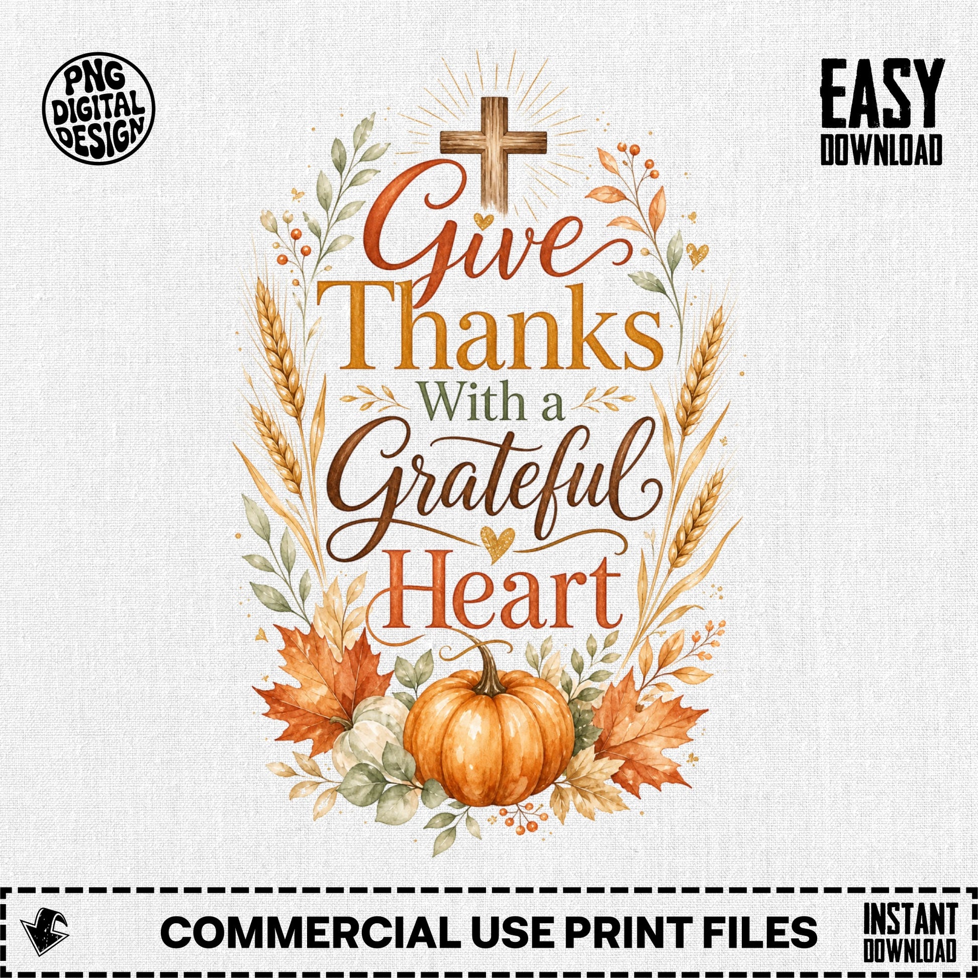 Fall harvest design with "Give Thanks With a Grateful Heart" text.