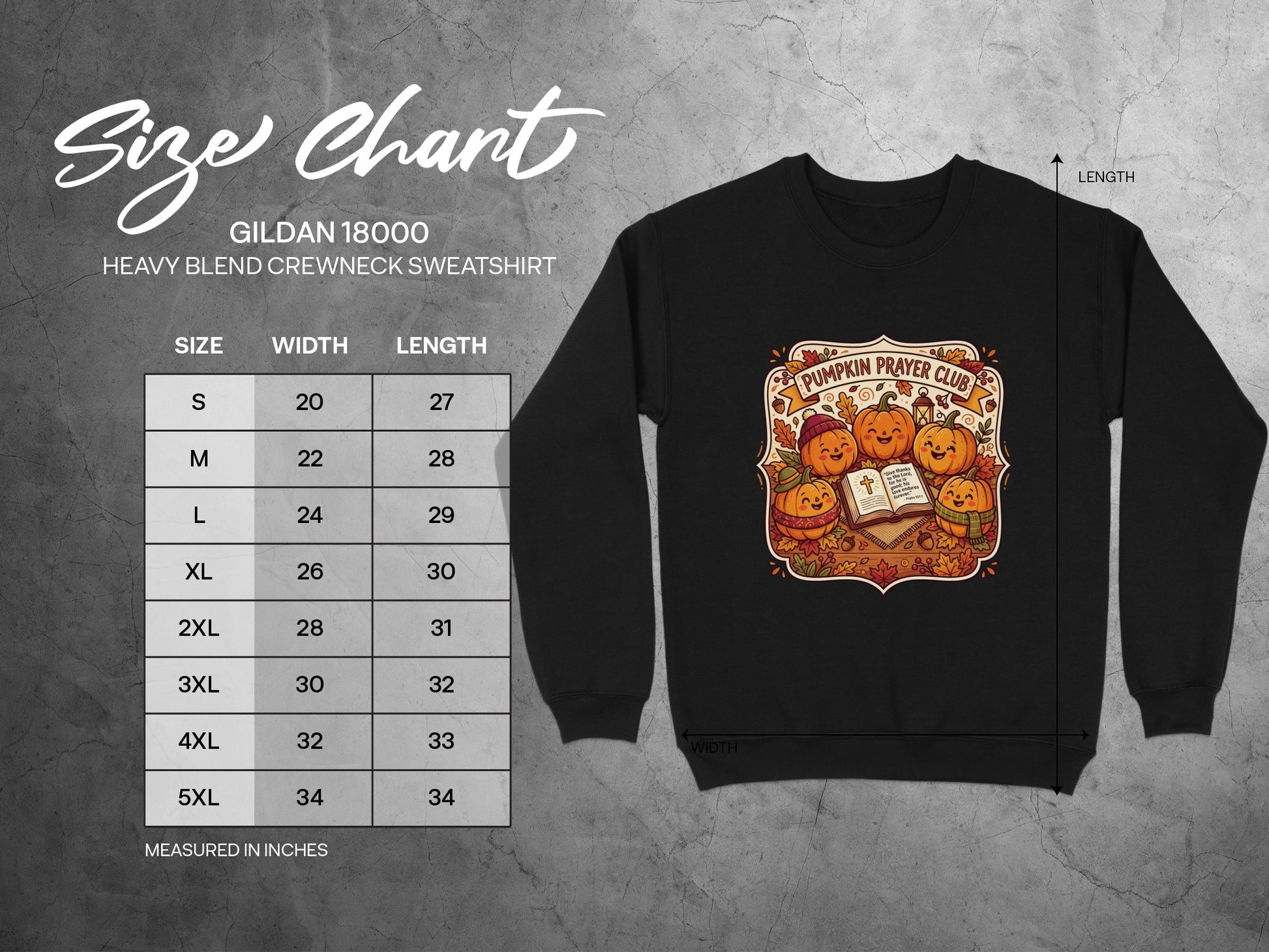 Gildan 18000 sweatshirt size chart with measurements and a graphic of pumpkins praying.
