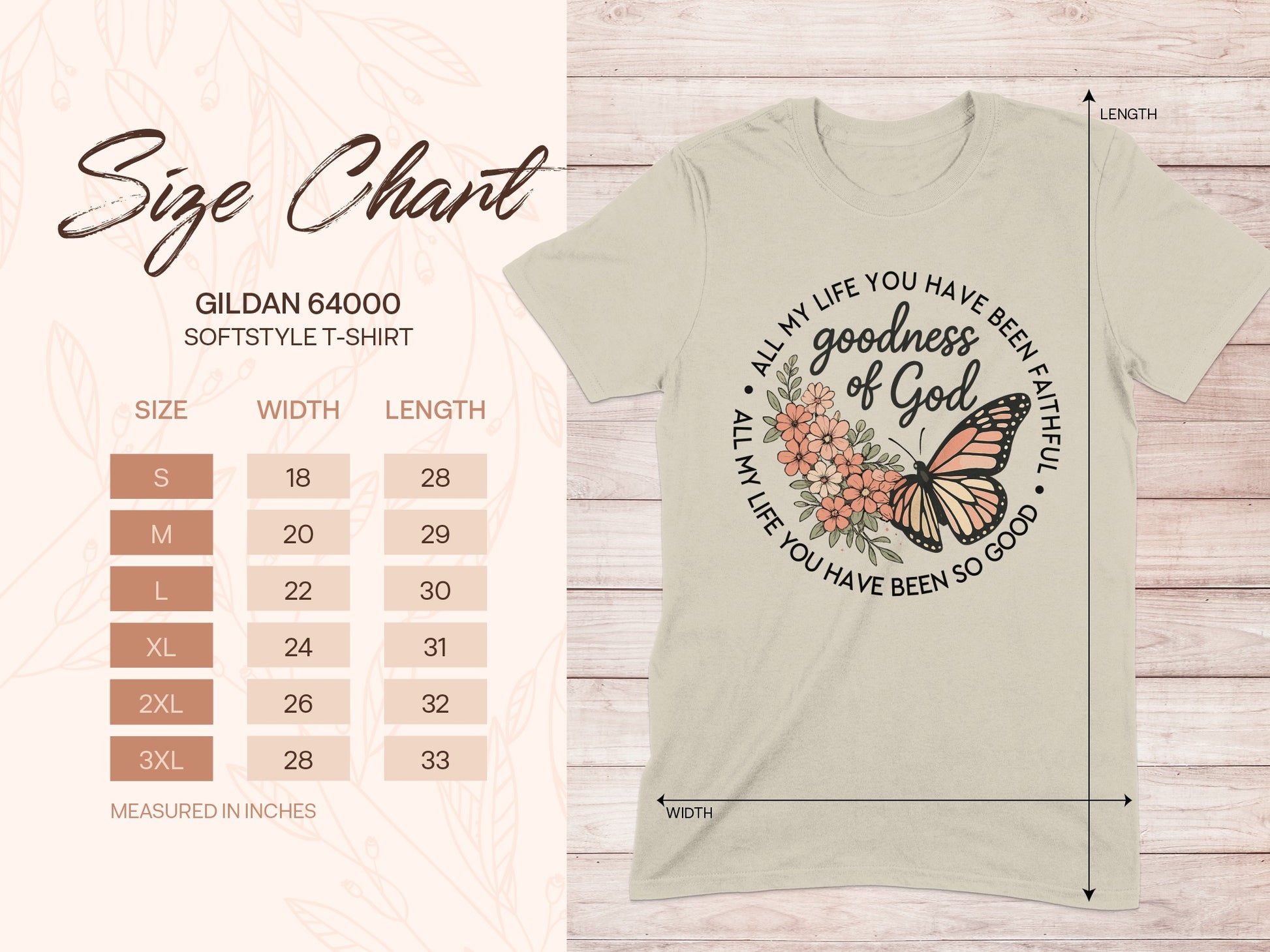 Gildan 64000 t-shirt size chart and graphic of "goodness of God".