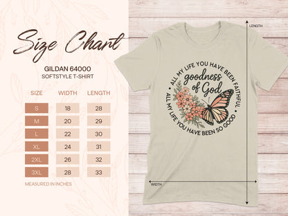 Gildan 64000 t-shirt size chart and graphic of "goodness of God".