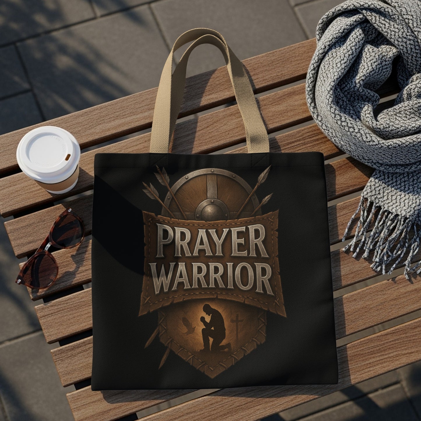 Tote bag with "PRAYER WARRIOR" text over a kneeling figure and shield.