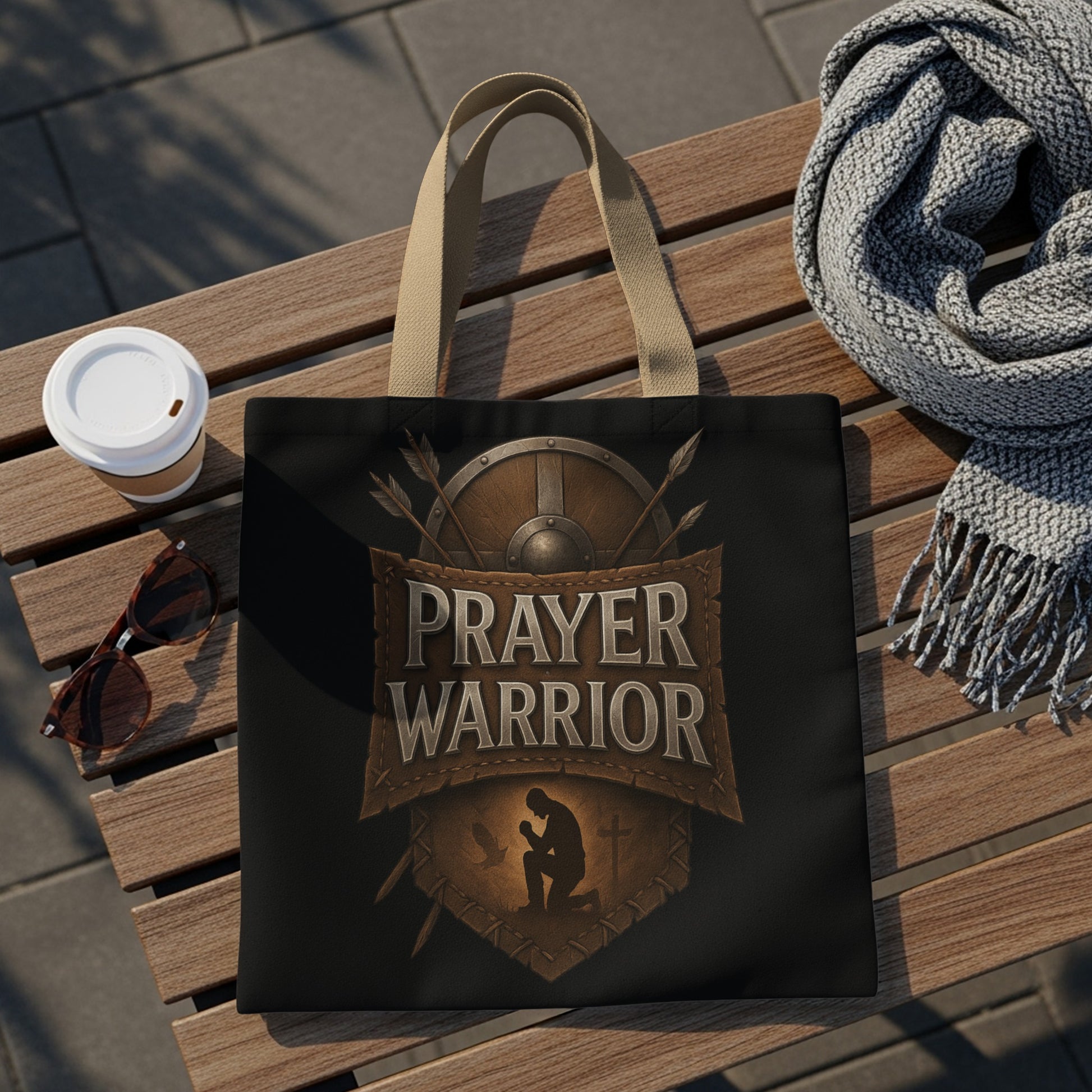 Tote bag with "PRAYER WARRIOR" text over a kneeling figure and shield.