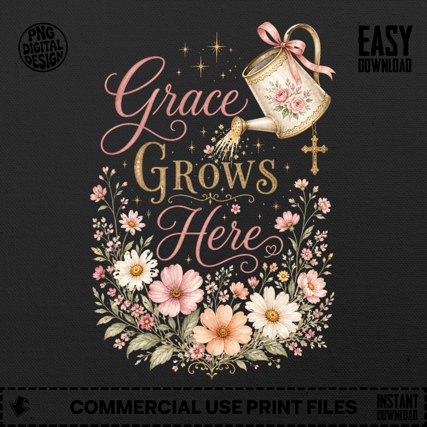 Grace Grows Here text with a floral wreath, watering can and cross.