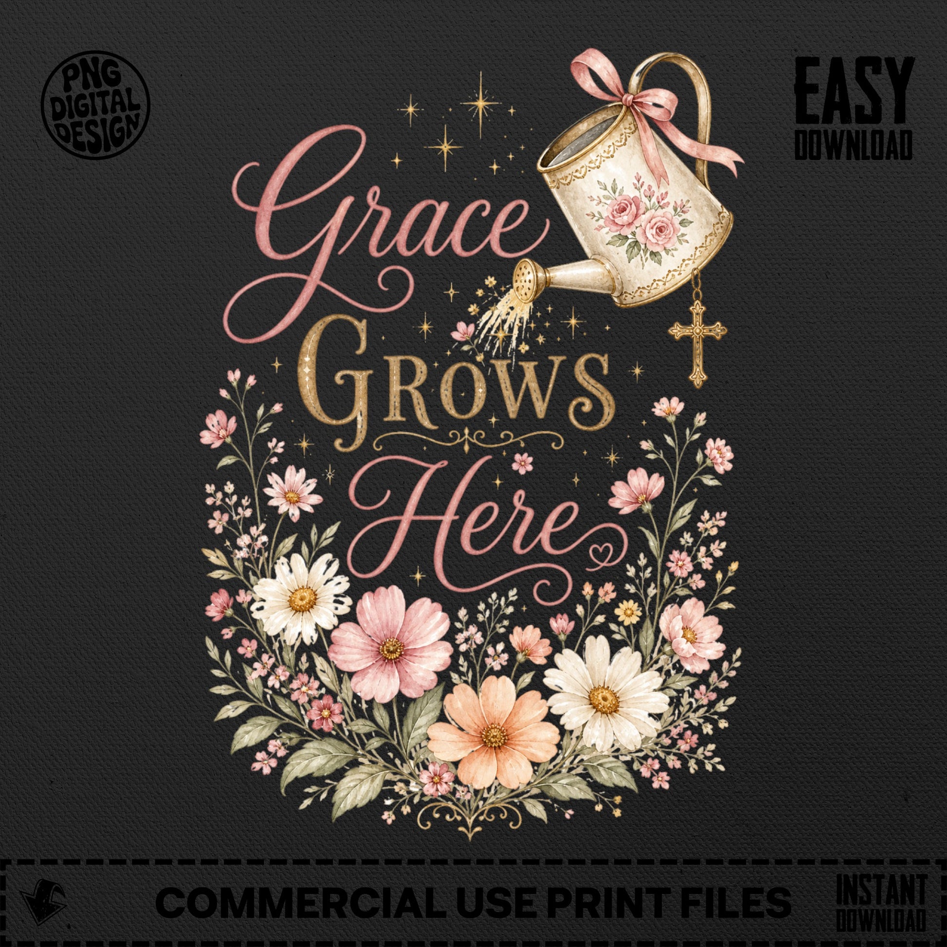 Grace Grows Here text with a floral wreath, watering can and cross.