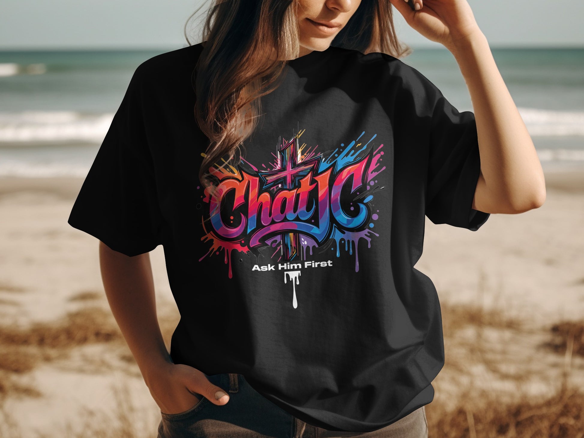 Vibrant Chat IC Ask Him First Graphic Black T-shirt product type
