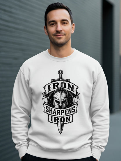 White sweatshirt with a graphic of a helmet, sword, and text "Iron Sharpens Iron".