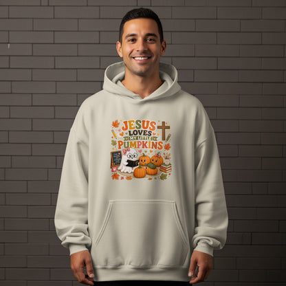 Light beige hoodie with "Jesus Loves My Little Pumpkins" graphic and Halloween motifs.