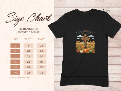 Gildan 64000 softstyle t-shirt size chart with shirt graphic.