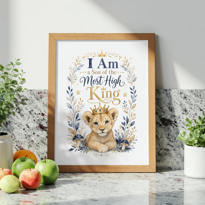 Lion cub wearing crown with text "I Am a Son of the Most High King".
