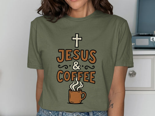 Olive t-shirt with "Jesus & Coffee" and a cross above a coffee mug.