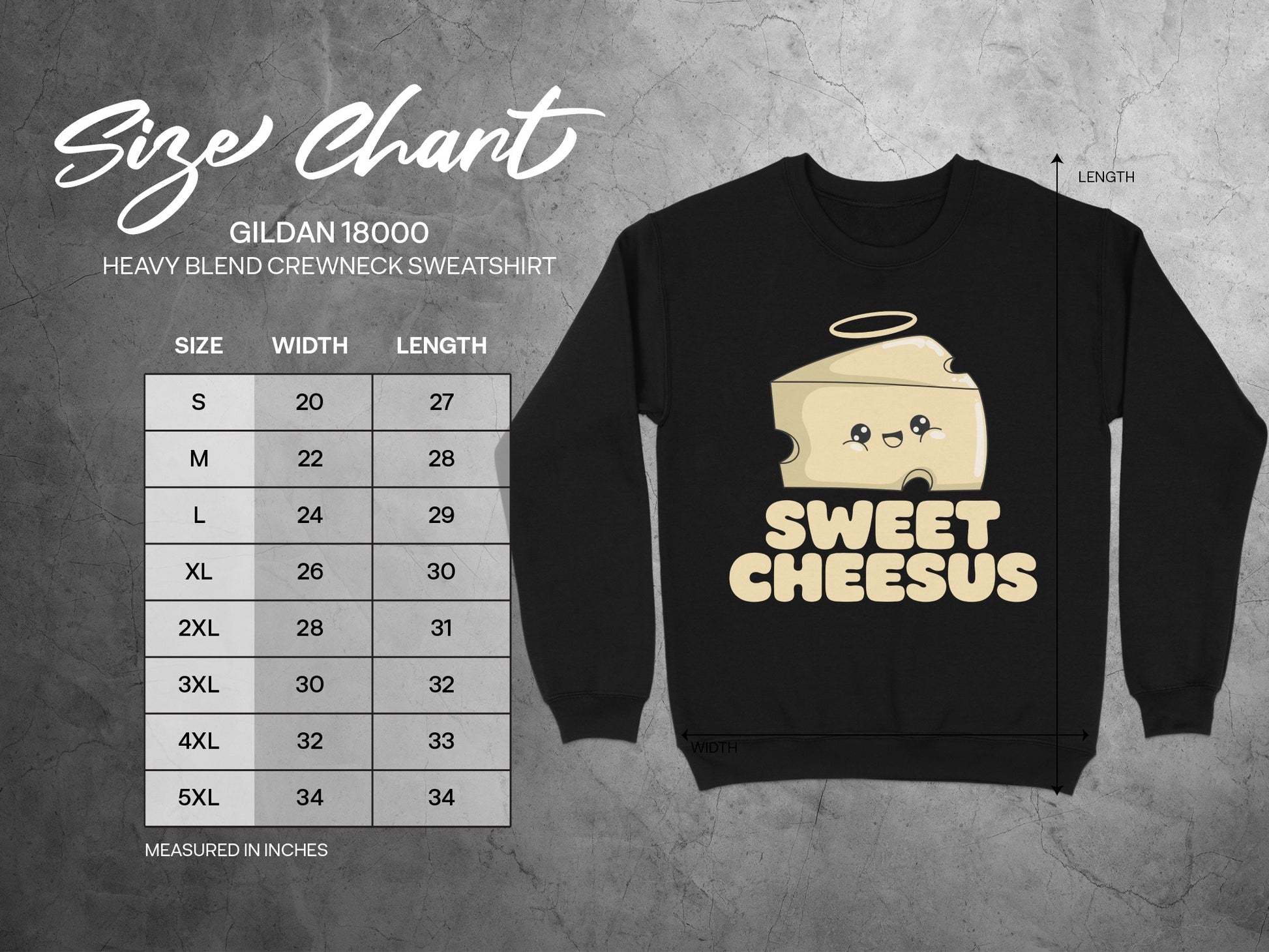 Gildan 18000 sweatshirt size chart with cartoon cheese graphic and "SWEET CHEESUS" text.