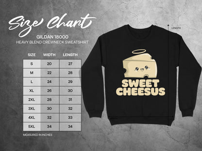 Gildan 18000 sweatshirt size chart with cartoon cheese graphic and "SWEET CHEESUS" text.