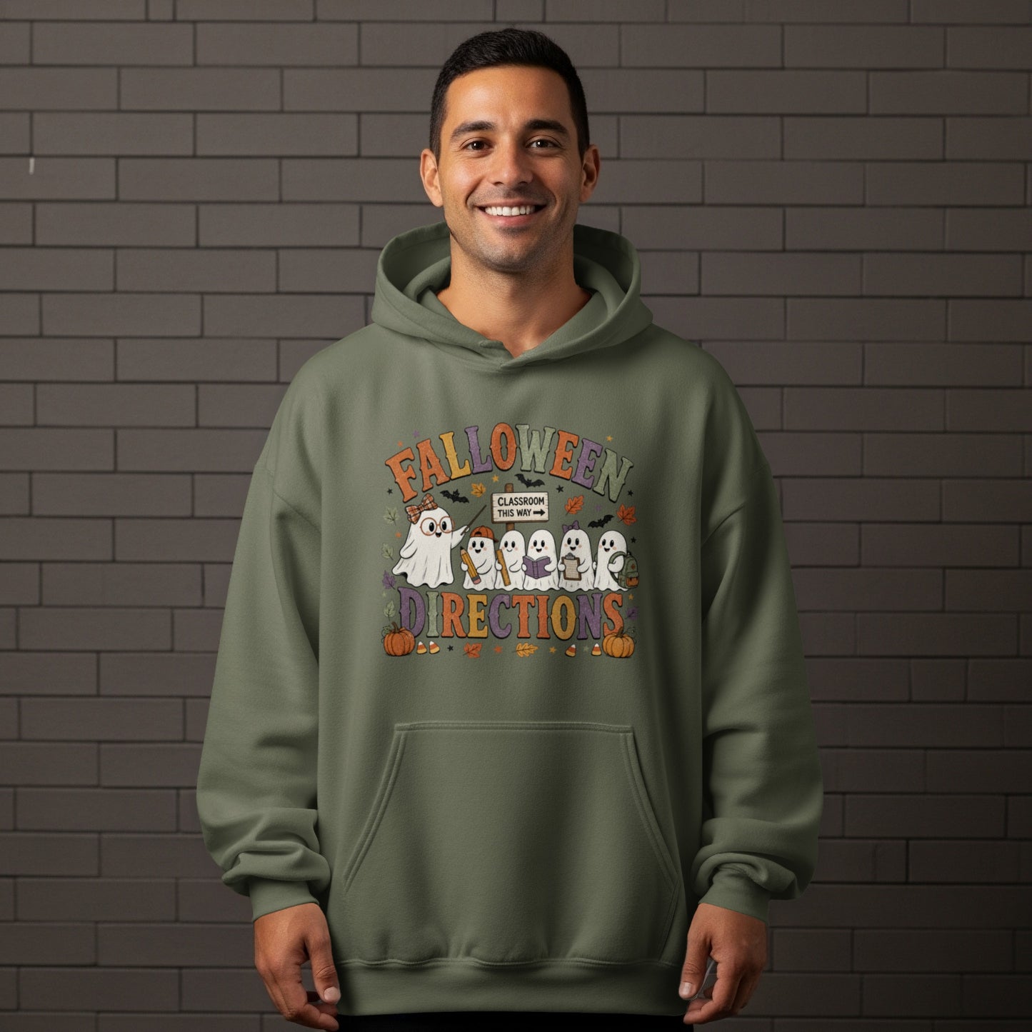 Green hoodie with Halloween-themed ghosts and "Falloween Directions" text.