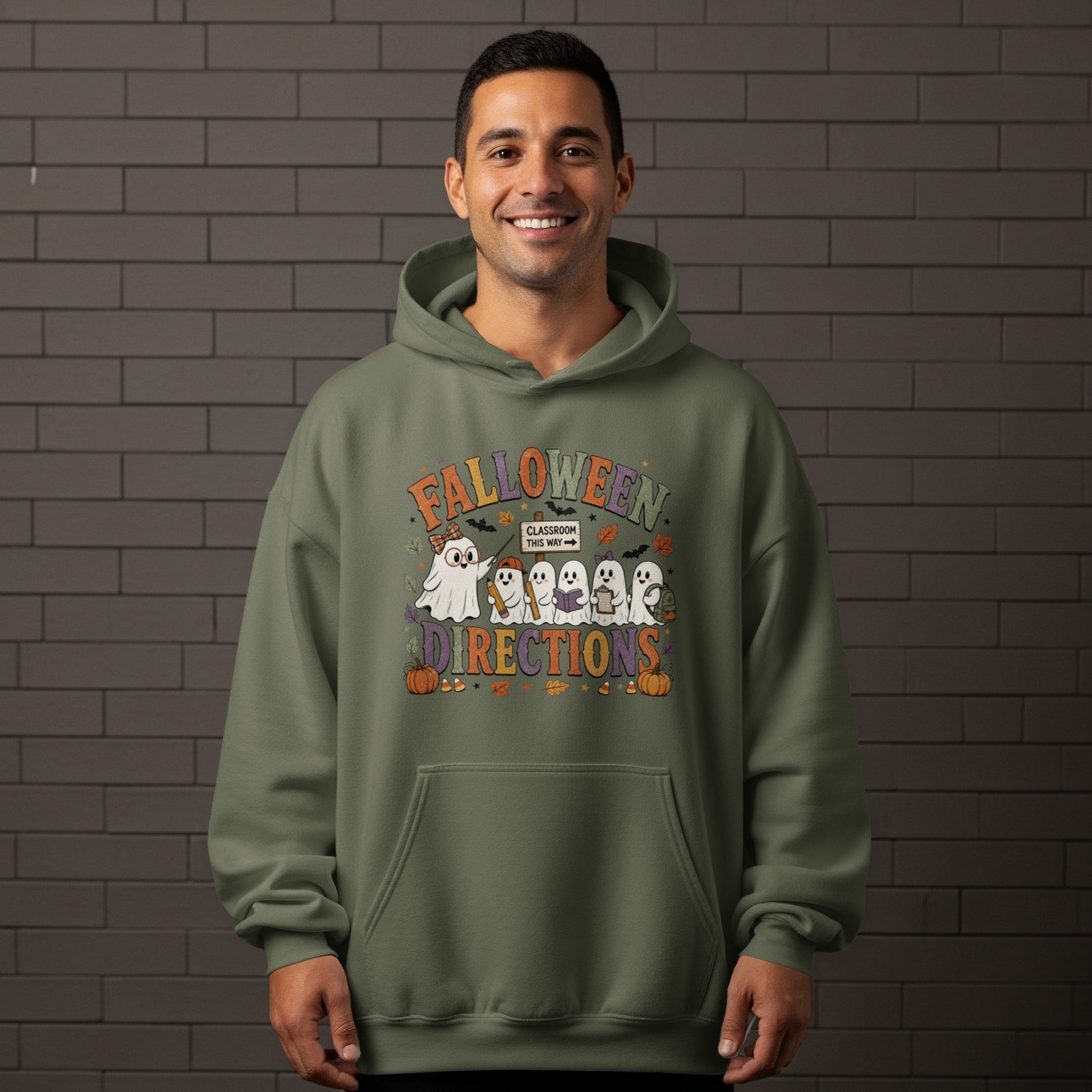 Green hoodie with Halloween-themed ghosts and "Falloween Directions" text.