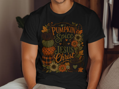 Black t-shirt with "Pumpkin Spice & Jesus" text, pumpkins, and fall leaves.