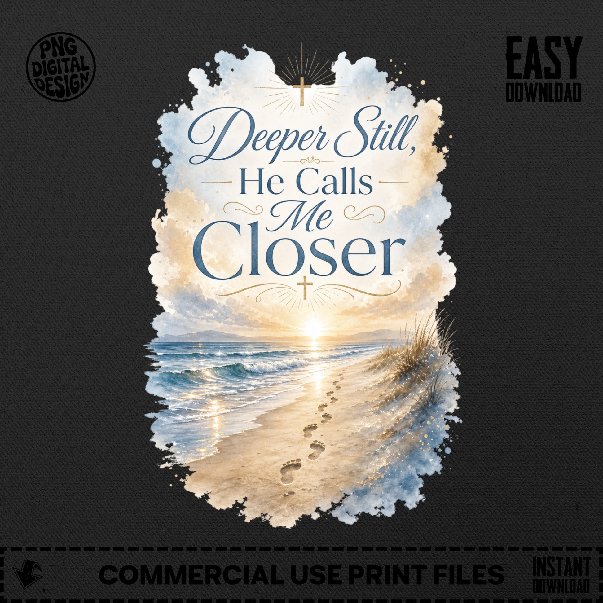 Deeper Still, He Calls Me Closer text over a beach scene.