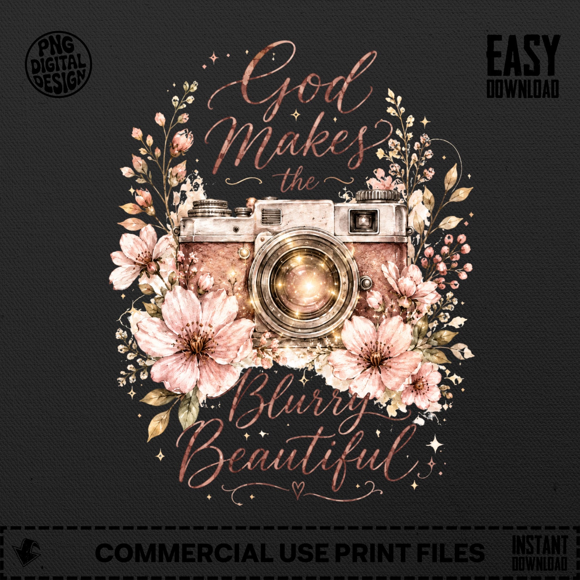 Floral arrangement with camera and text "God Makes the Blurry Beautiful".