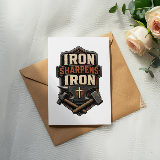 Card with "Iron Sharpens Iron" text, anvil, cross, and hammers.