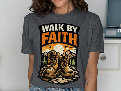 Hiking boots with "Walk by Faith" text and mountain sunset graphic.