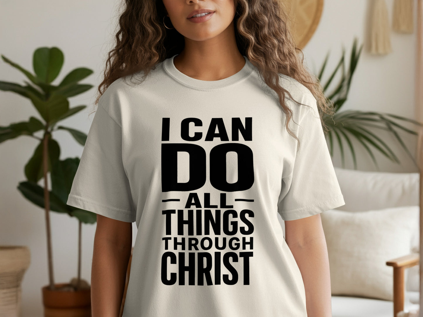 Light cream t-shirt with "I CAN DO ALL THINGS THROUGH CHRIST" text.