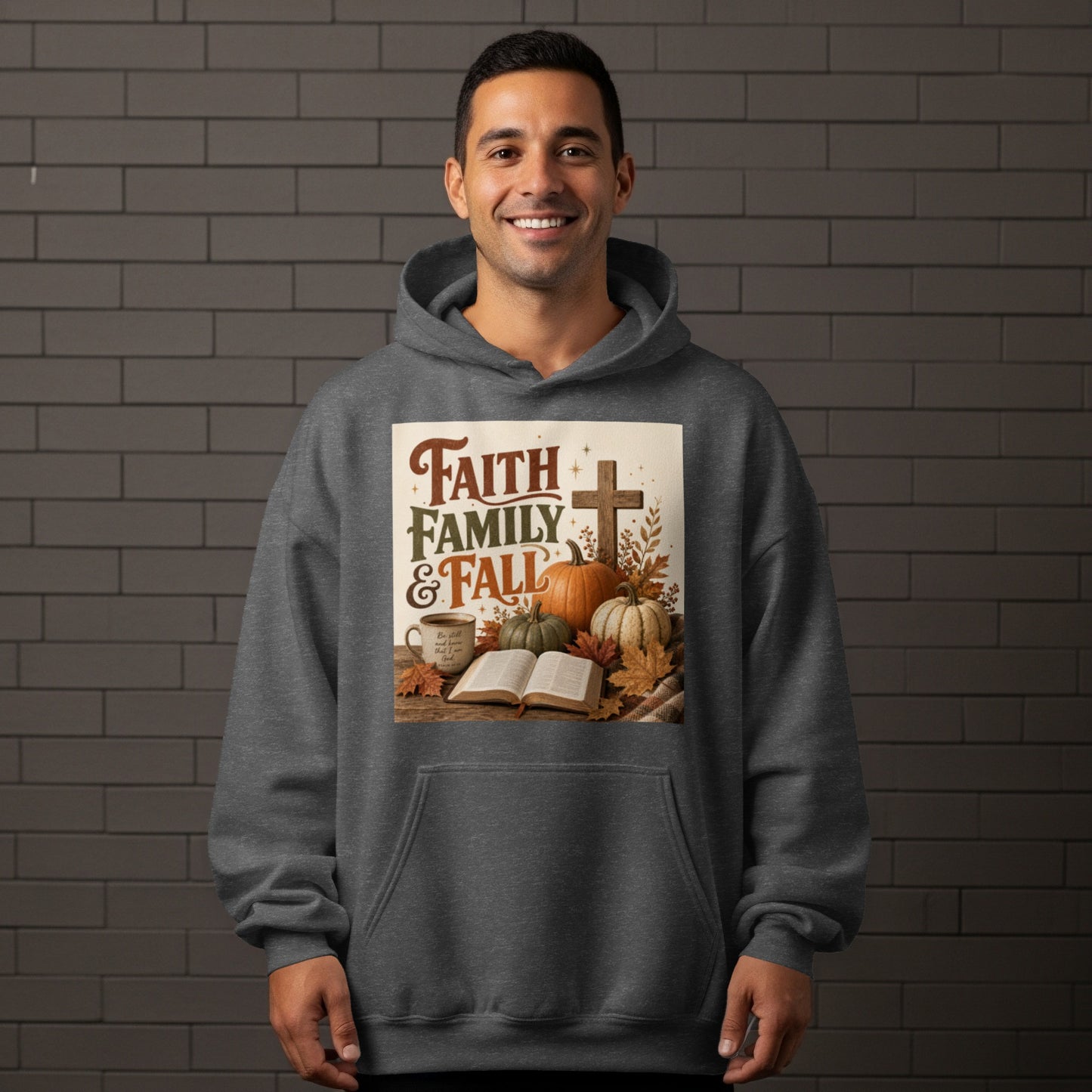 Faith, Family, & Fall graphic with pumpkins, a cross, and an open book.