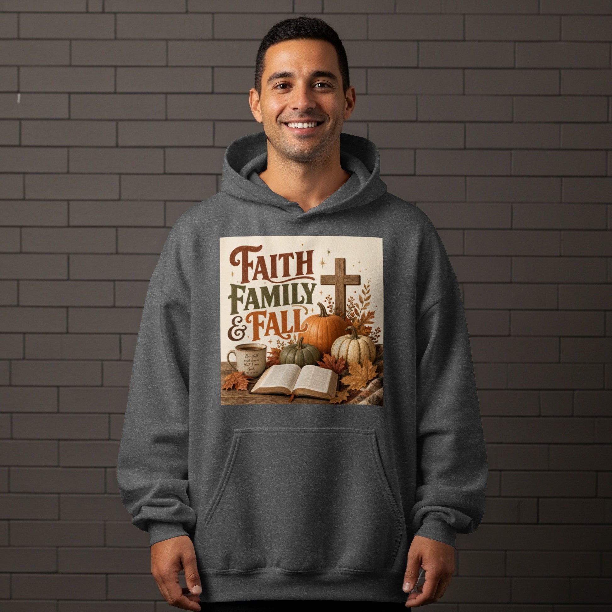 Faith, Family, & Fall graphic with pumpkins, a cross, and an open book.