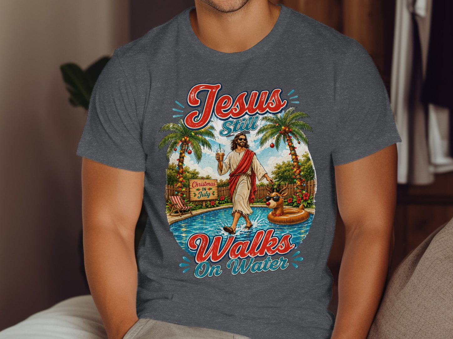 Jesus walking on water graphic with palm trees and a pool float.