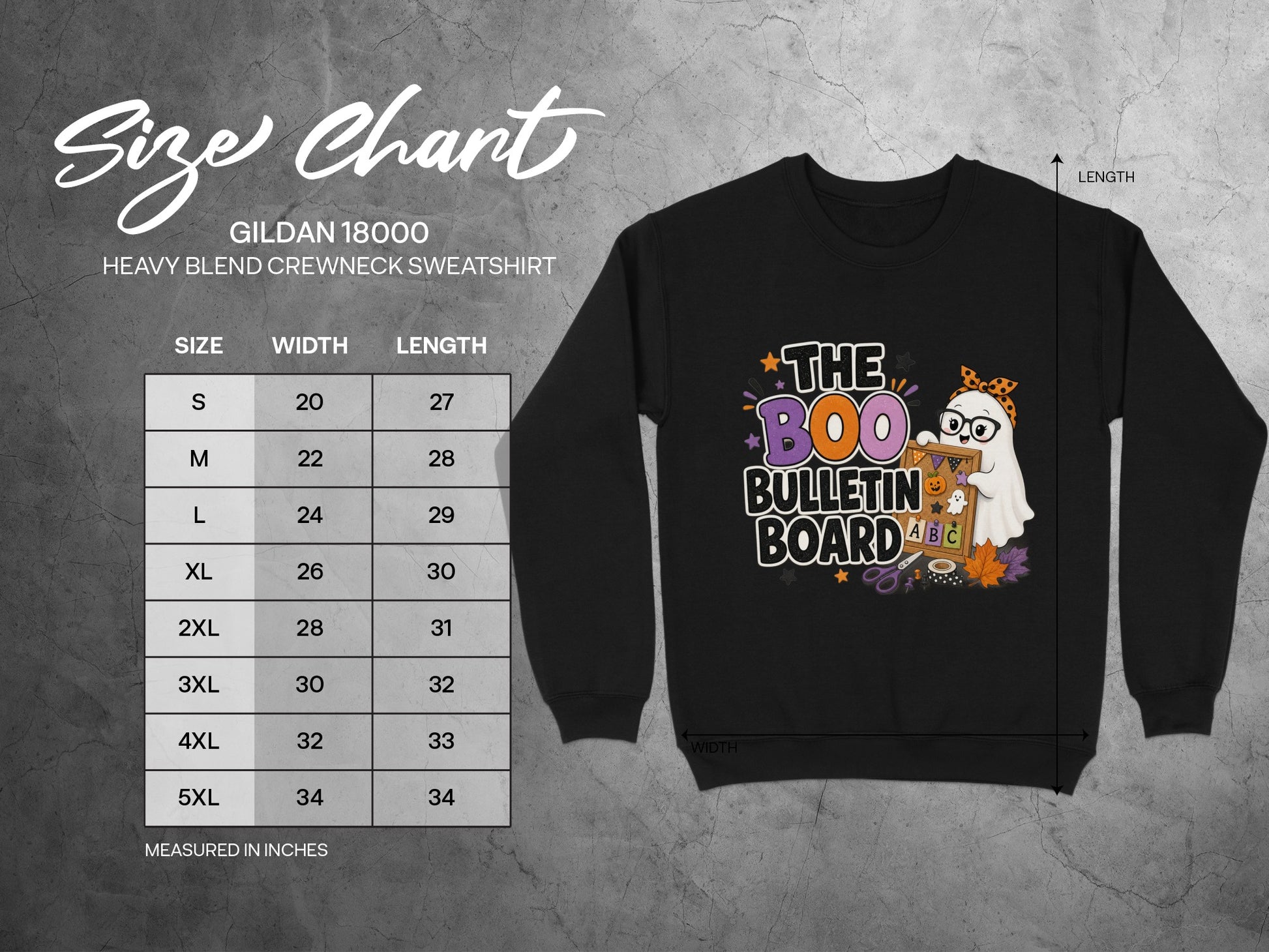 Gildan 18000 sweatshirt size chart with measurements for S through 5XL.