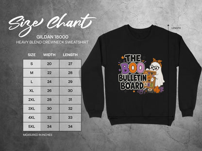 Gildan 18000 sweatshirt size chart with measurements for S through 5XL.