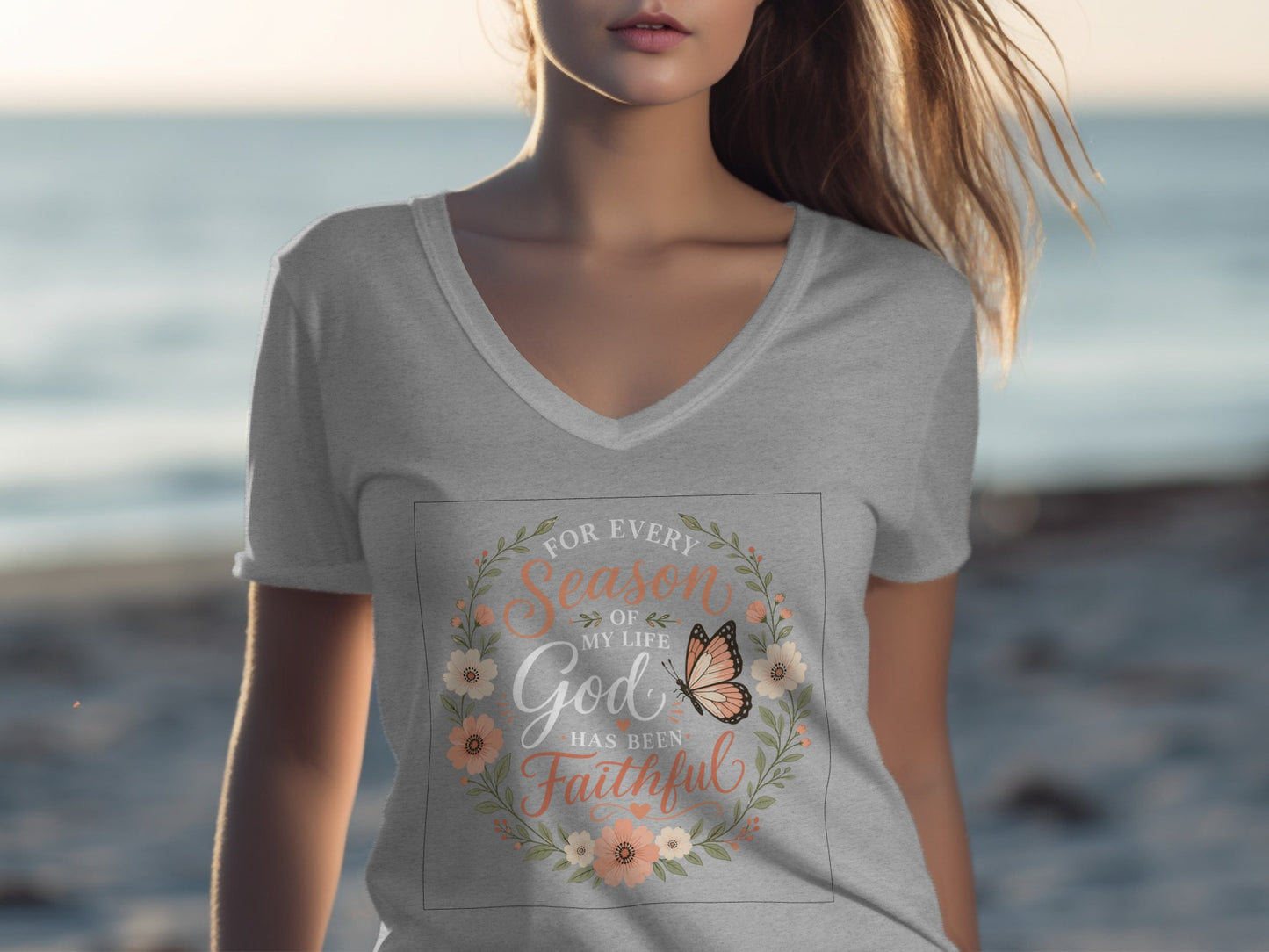 Gray v-neck t-shirt with "For Every Season of My Life God Has Been Faithful" and butterfly.