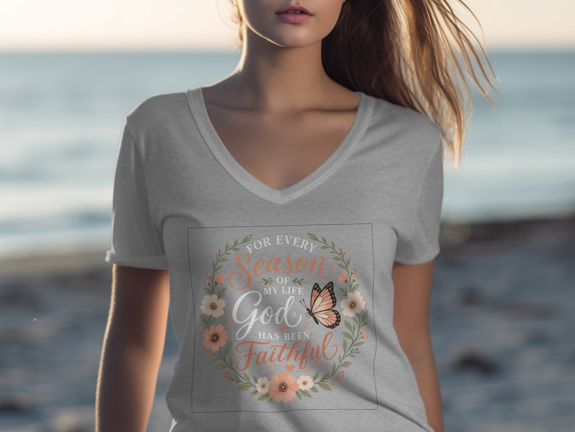 Gray v-neck t-shirt with "For Every Season of My Life God Has Been Faithful" and butterfly.