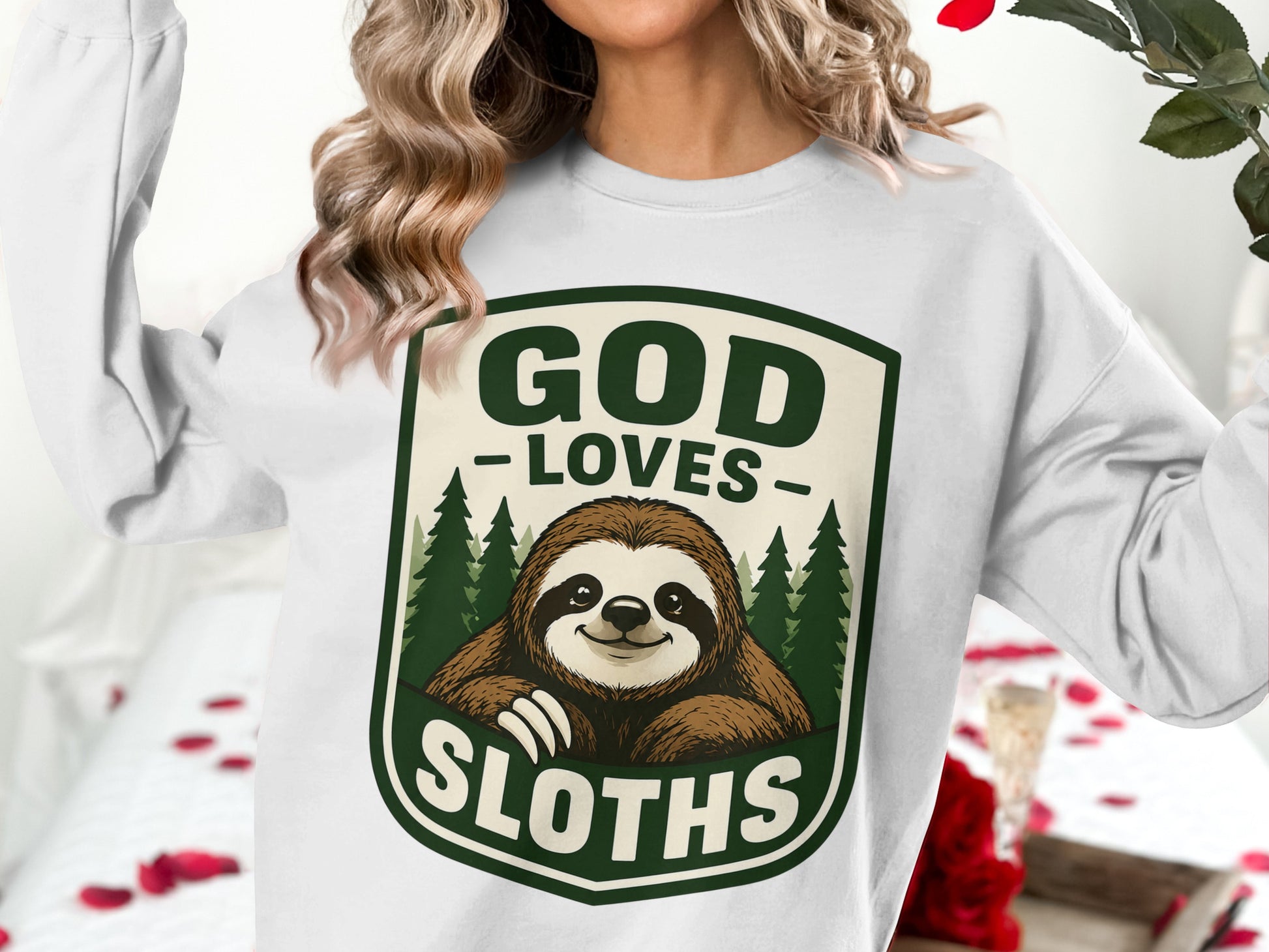 White sweatshirt with "God Loves Sloths" and a sloth graphic.