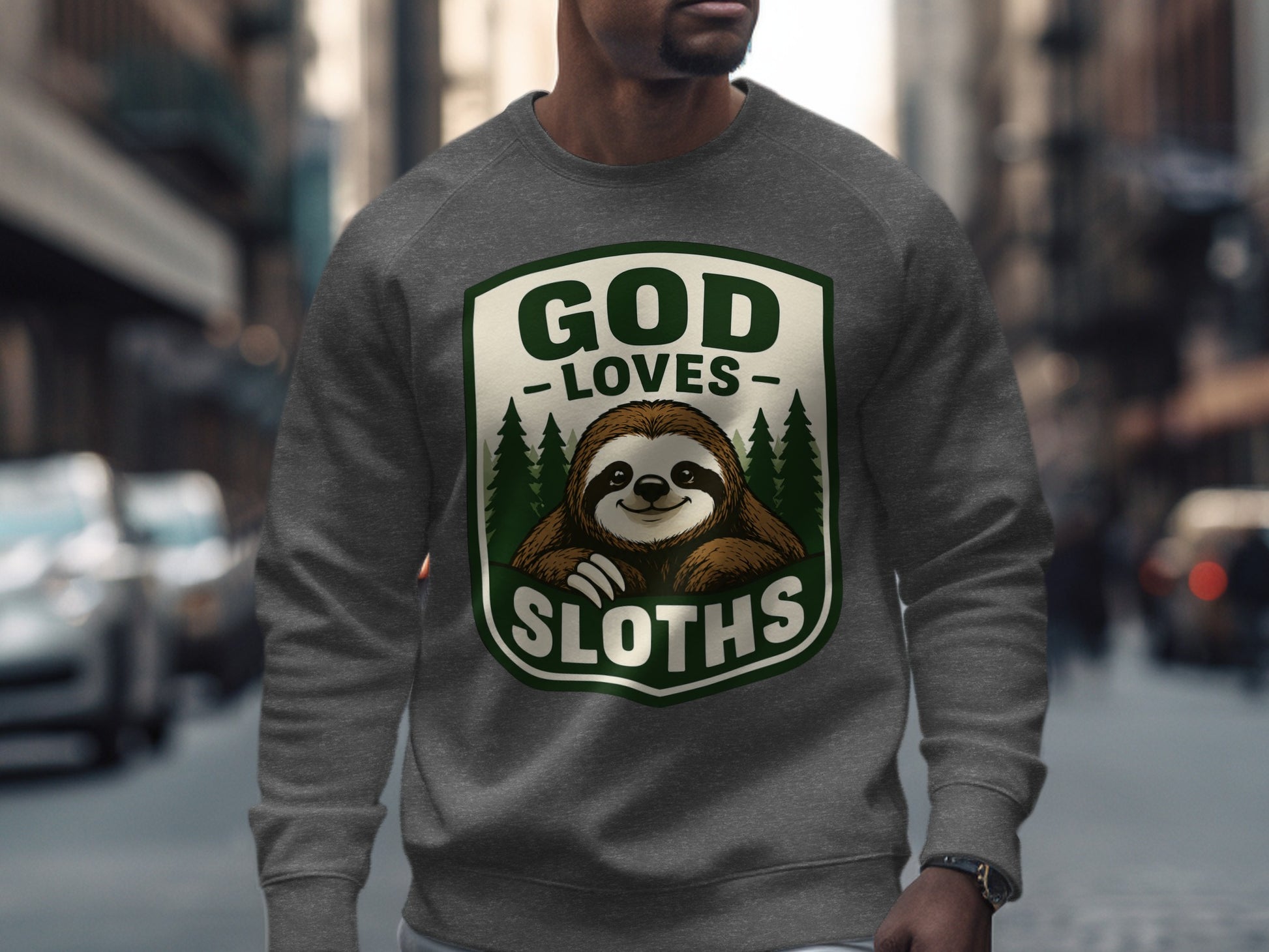 Gray sweatshirt with "GOD LOVES SLOTHS" text and sloth graphic.
