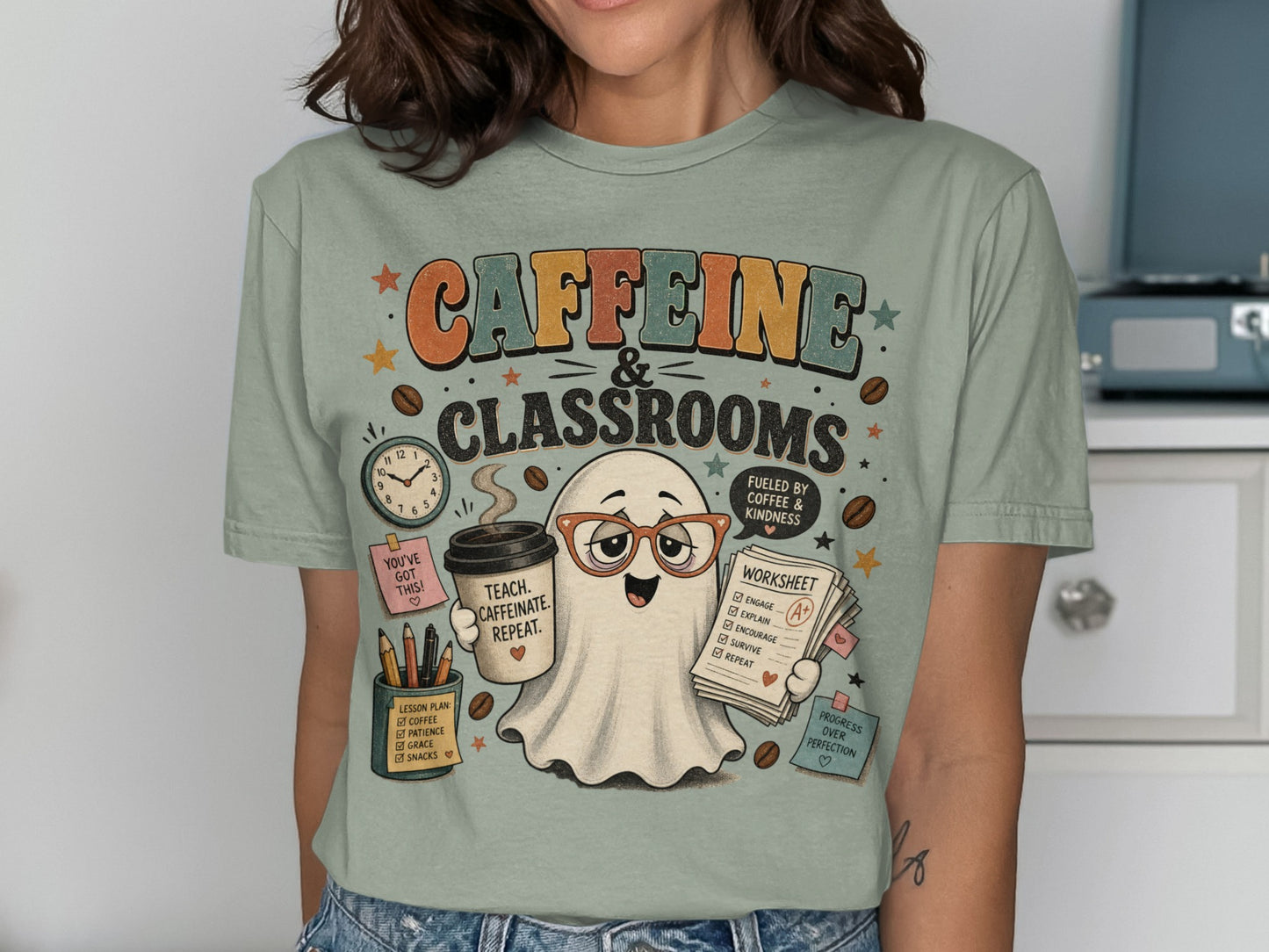 Retro ghost graphic with "Caffeine & Classrooms" text, holding coffee and a worksheet.