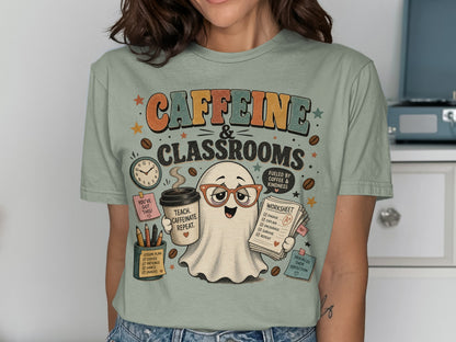 Retro ghost graphic with "Caffeine & Classrooms" text, holding coffee and a worksheet.