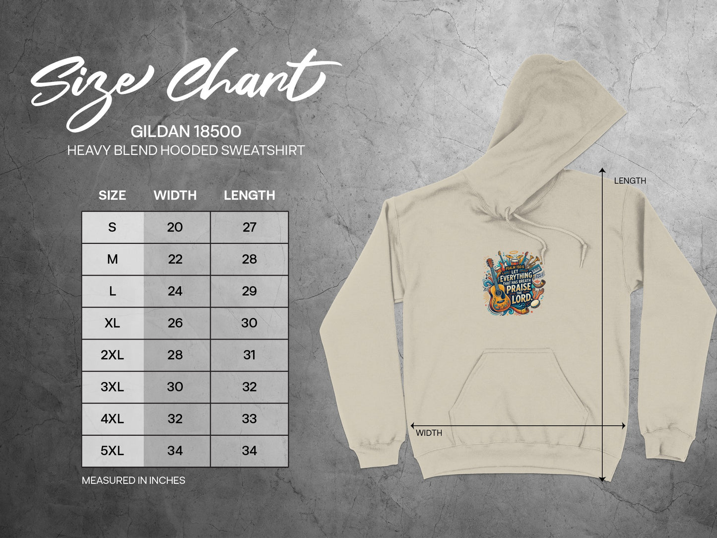 Size chart for Gildan 18500 hooded sweatshirt with measurements.