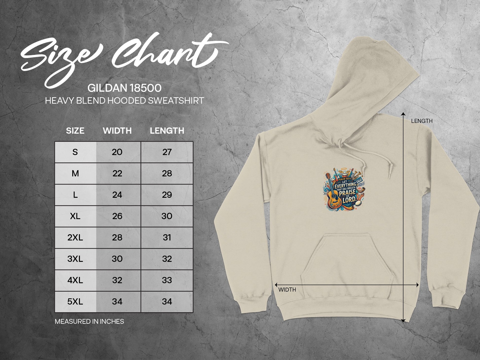 Size chart for Gildan 18500 hooded sweatshirt with measurements.