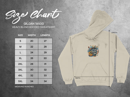 Size chart for Gildan 18500 hooded sweatshirt with measurements.