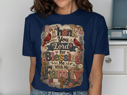 Navy t-shirt with "Thank You Lord for Blessing Me With My Family" in patchwork lettering.