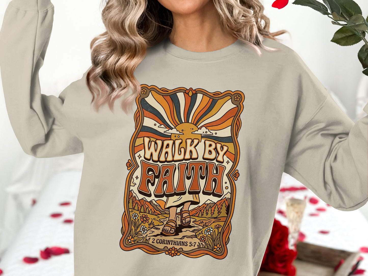 Crewneck sweatshirt with "Walk by Faith" graphic in retro style.