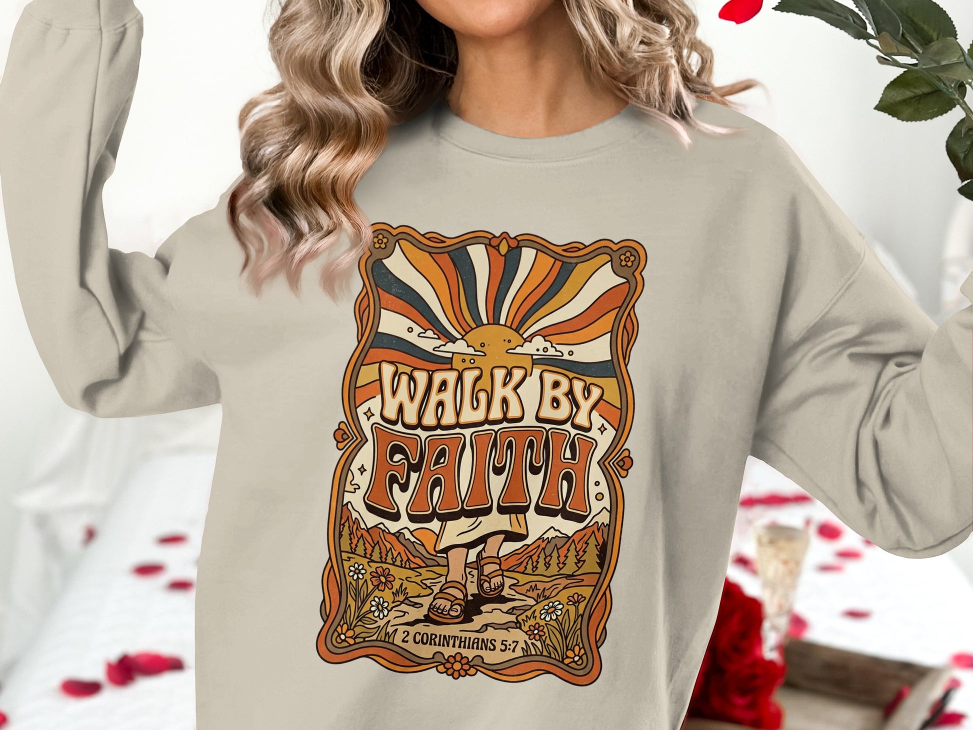 Crewneck sweatshirt with "Walk by Faith" graphic in retro style.