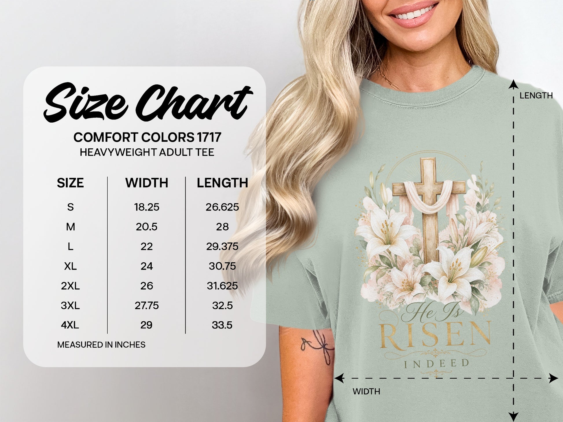 Comfort Colors 1717 heavyweight adult tee size chart with measurements.