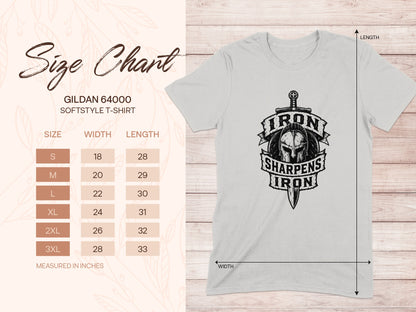 Gildan 64000 t-shirt size chart and t-shirt with "Iron Sharpens Iron" graphic.