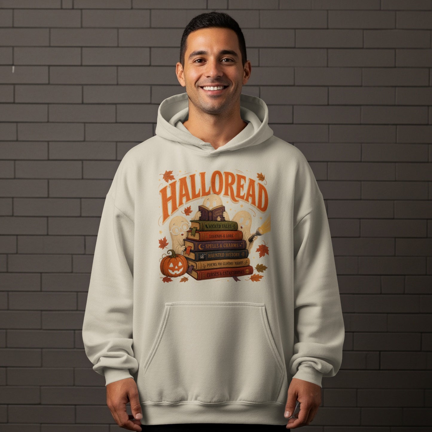 Light tan hoodie with "Halloread" and a stack of Halloween-themed books design.
