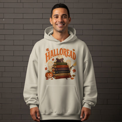Light tan hoodie with "Halloread" and a stack of Halloween-themed books design.
