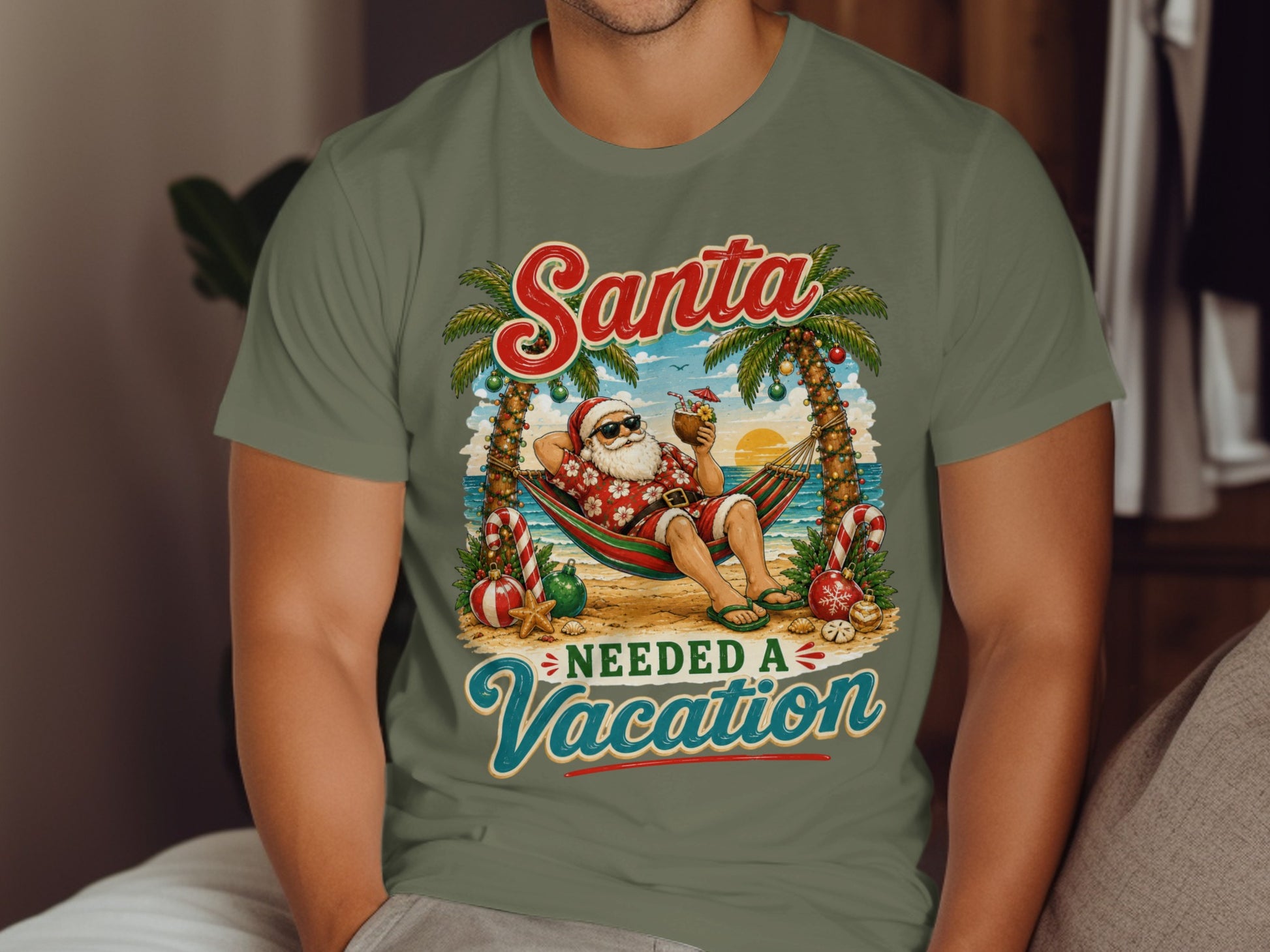 Santa in a hammock on a beach with palm trees and candy canes.