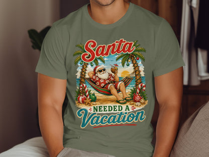 Santa in a hammock on a beach with palm trees and candy canes.