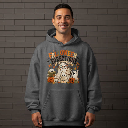 Dark grey hoodie with a graphic of ghosts, pumpkins, and text reading "FALLOWEEN DIRECTIONS DID YOU READ THEM?".
